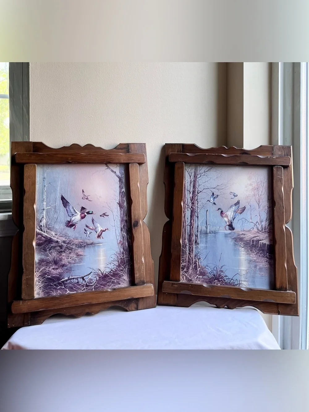 Pair of Rustic Vintage Wood Framed Duck Print Wall Art – Lavender Blue
